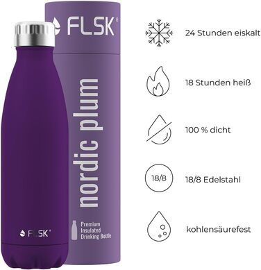 Пляшка для води FLSK, термос з нержавіючої сталі, преміум-класу, 500 мл, 100% герметична, для газованих напоїв, зберігає холод до 24 годин, тепло до 18 годин, колір nordic plum
