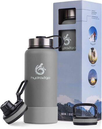 Гідрофляга hydro2go X-AlpsBottle 1 л з нержавіючої сталі – вакуумна термобутилка з 3 кришками, подвійними стінками, для спорту та туризму, Stone Grey