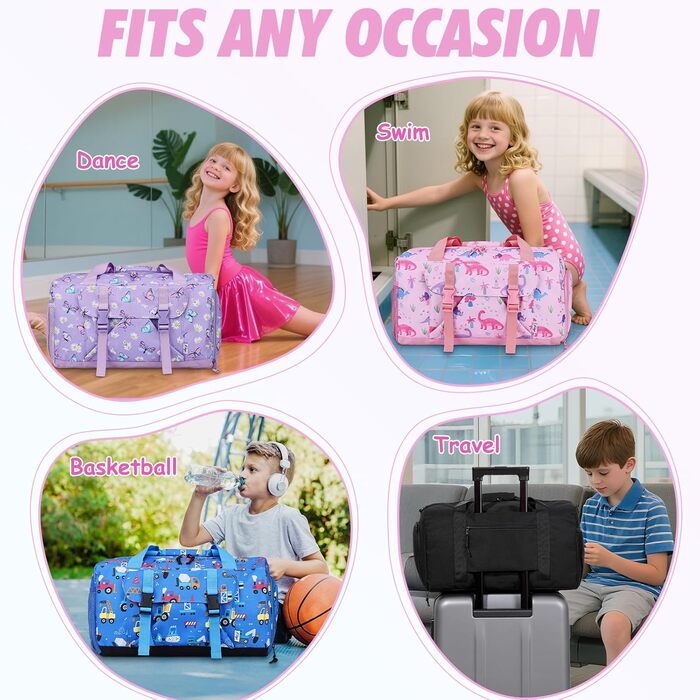 Спортивна сумка для дітей, дорожня сумка, мішок для плавання, спортивна сумка для хлопчиків та дівчаток, водонепроникна, сумка-мішок з відділенням для взуття (Рожевий динозавр)