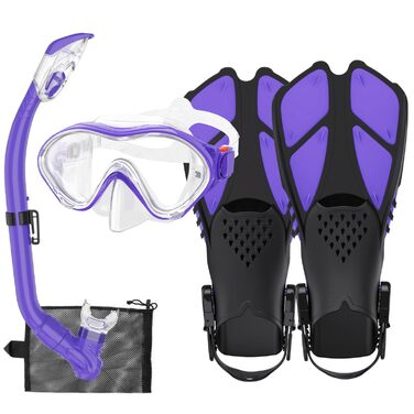 Набір для снорклінгу для дітей з ластами, маска з панорамним оглядом 180°, регульовані ласти, високоякісна маска та сухий снорклінг для плавання (фіолетовий)