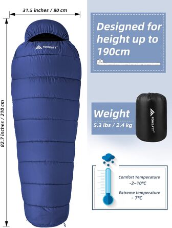 Спальник Forceatt Winter -7℃ до 20℃ (2.4 кг, 210x80 см) Мумія, легкий 4 сезони, водонепроникний, для кемпінгу, туризму, блакитний