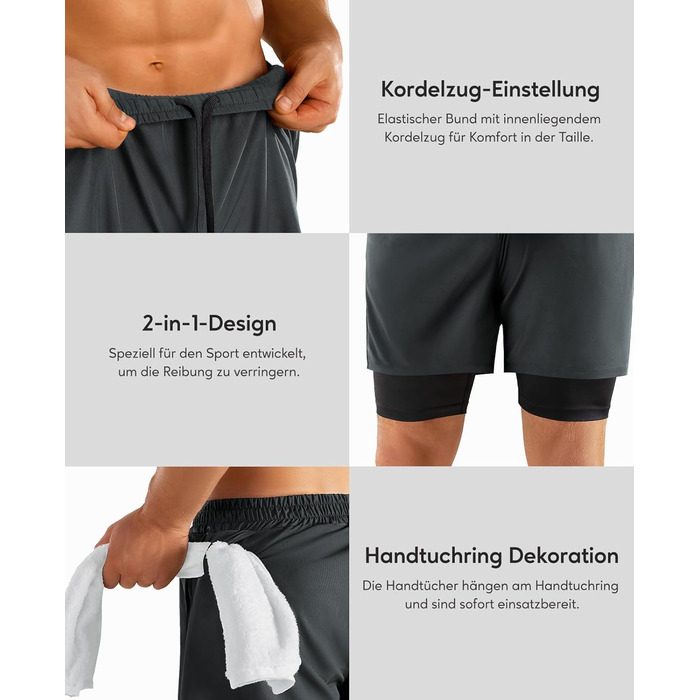 Шорти чоловічі Niksa 2er Pack 2-в-1: спортивні, швидковисихаючі, дихаючі, з кишенею для телефону (XL, сірий)