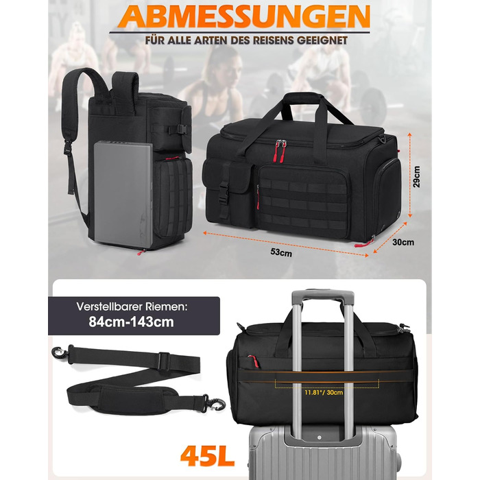 Спортивна сумка RAINSMORE 3 в 1 для чоловіків, 45 л: рюкзак, сумка-переноска, з відділенням для взуття, ноутбука та мокрого одягу, чорна