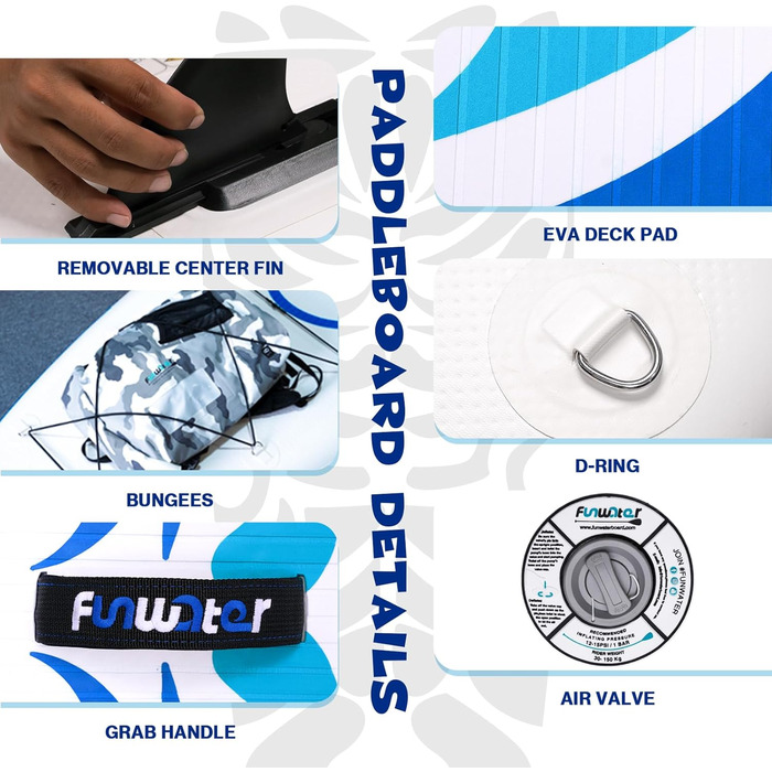 Надувний SUP Борд FunWater 10'6'-11'6' – для всіх рівнів майстерності, з антиковзким EVA-деком, веслом, насосом та аксесуарами. Рожевий/Блакитний (10'6-TIKI)