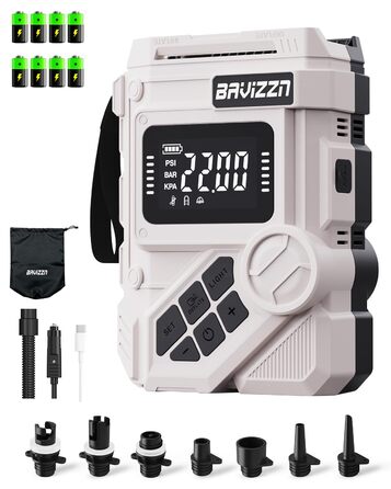 Акумуляторний електричний насос 22PSI 12V для SUP-борда, човнів та каяків, з USB Type-C, функцією надування та випускання повітря, 7 насадок, сірий