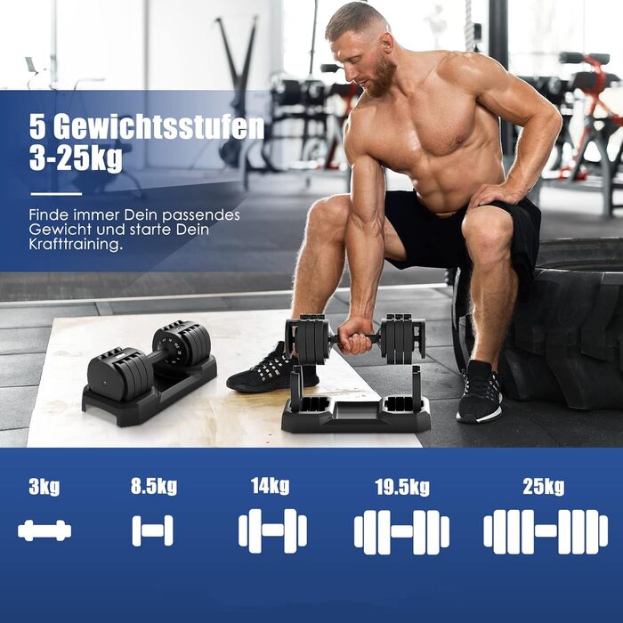 Регульовані гантелі DH FitLife 3-25 кг для силових тренувань, набір коротких гантелей з компактними дисками для домашніх тренувань, 5-в-1 змінна вага