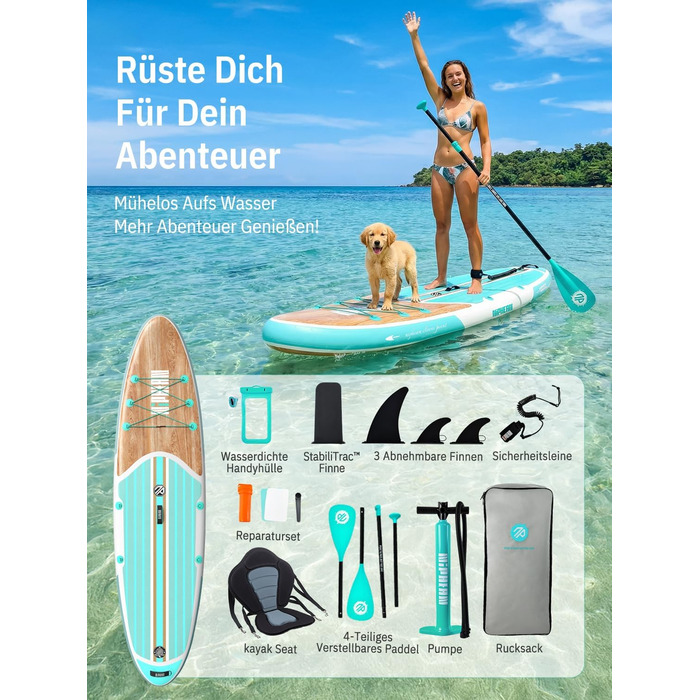 Надувне SUP-борд Niphean Stand Up Paddle Board з сидінням та аксесуарами, 320 см, для 2 осіб, 200 кг, StabilTrac-фін, Cool Mint Wood