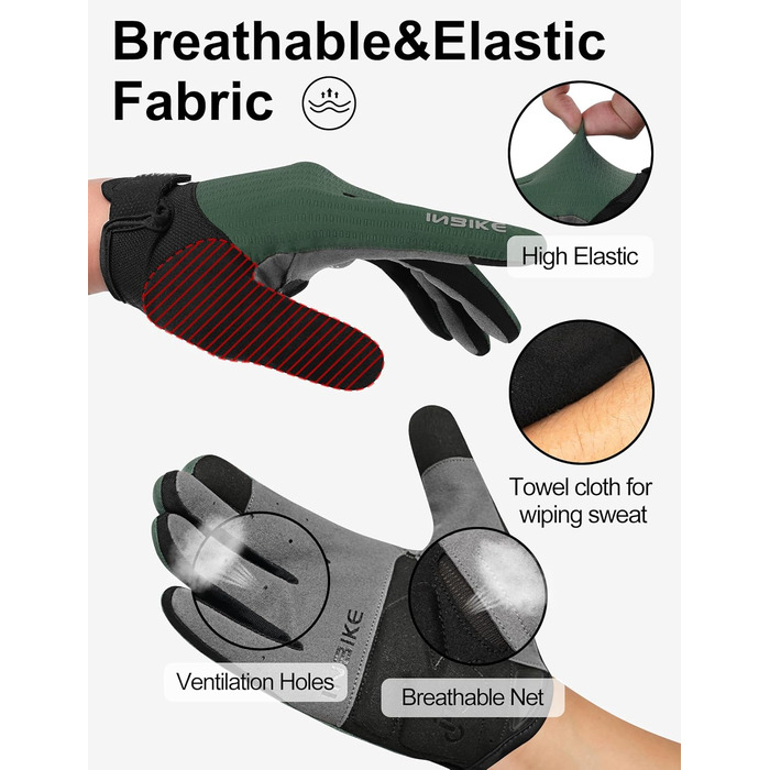 Велосипедні рукавички INBIKE для чоловіків, зелені, L - 2 пальці, сенсорний екран, зносостійкі, дихаючі
