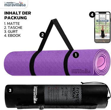 Килимок для гімнастики та йоги LA MENTE ES MARAVILLOSA: протиковзкий, TPE, 183x61 см, з сумкою та інструкцією, для фітнесу, пілатесу, indoor/outdoor, фіолетовий/рожевий