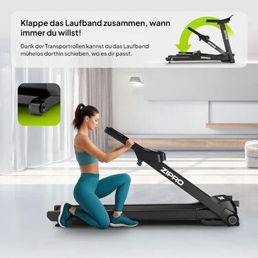 Біговий тренажер ZIPRO Klappbar: 1-16 км/год, 12 рівнів нахилу, LED-дисплей, компактний та тихий, з додатком