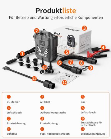 Насос для SUP GICLE 60PSI: електричний, двоступеневий, для падлбордів, шин, човнів, наметів (модель з покращеннями)