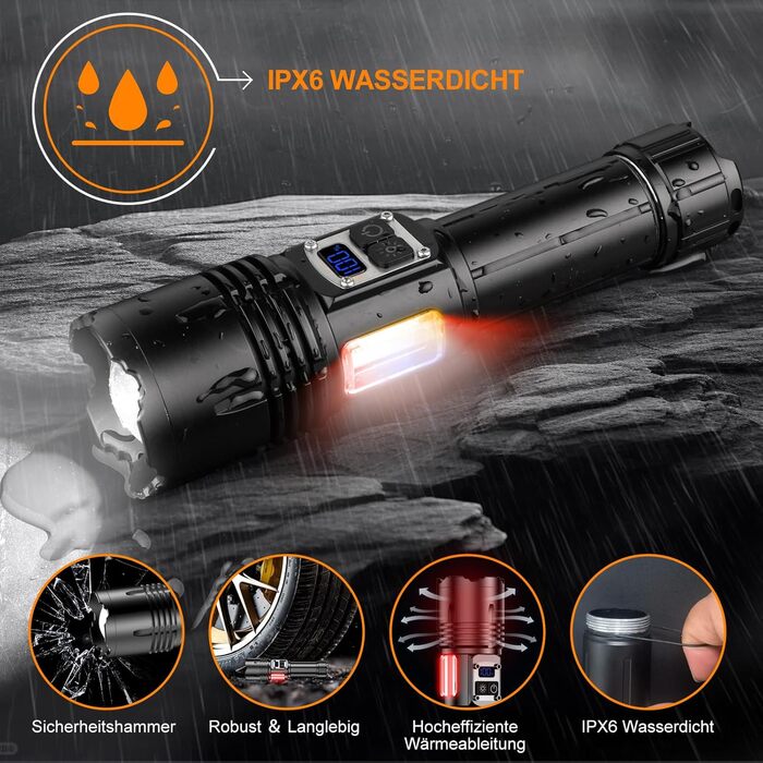 Тактична ліхтарик Relybo: перезарядна, 1000000 люмен, 9 режимів, COB бічне світло, USB-C, для кемпінгу та надзвичайних ситуацій