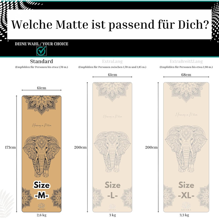 Йога-мат Kicura з корку та натурального каучуку з дизайном слона – неслизька преміум-мат, 4 мм, з ремінком – екологічна, 3 розміри (M, L, XL) (M - 173x61x0,4 см)