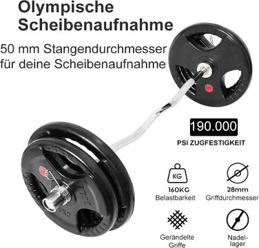Гриф для штанги Wuuhoo Greg 120 см, вигнутий (SZ), олімпійський 50 мм, сталь, хромований, вага 10 кг, навантаження до 160 кг, рифлений хват – фітнес для дому
