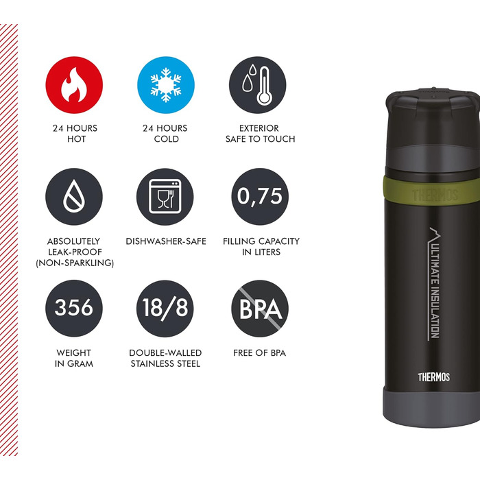 Термос-гірська пляшка для напоїв THERMOS 0,75 л, чорна, нержавіюча сталь з чашкою, 24 години зберігання тепла/холоду, легка та міцна, розбірна кришка, BPA-free