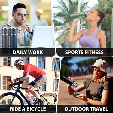 Термос-пляшка з нержавіючої сталі 500 мл з чашкою та ручкою, ізотермічна, без BPA, для кави та чаю, для дітей та дорослих (чорна)