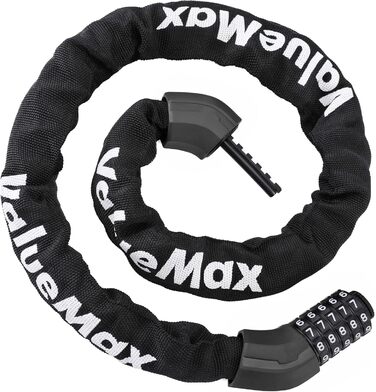 Замок для велосипеда ValueMax з кодовим замком, 100 см, 5-значний код, сталевий ланцюг 8 мм, чорний/білий