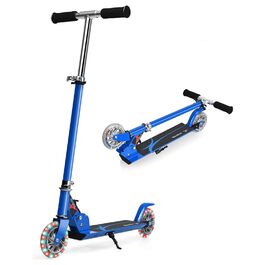 Дитячий ролер GOPLUS Roller Kinder 4 роки з LED-колесами, гальмом на задньому колесі та підніжкою, регульований по висоті, легкий алюмінієвий, складної конструкції, до 70 кг, блакитний