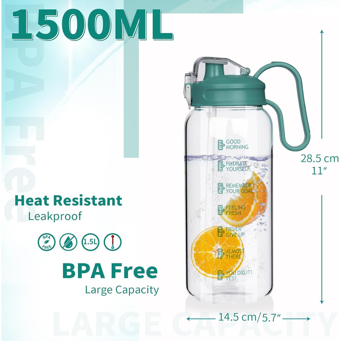 DEARRAY Скляна пляшка для води 1,5 л з трубочкою та часовою розміткою, мотиваційна, герметична, BPA Free, з кришкою, силіконовий чохол, зелена