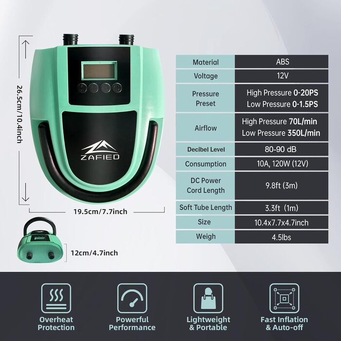 Електричний насос для надувних виробів 12V, 20PSI, LCD дисплей, для SUP, човнів, матраців