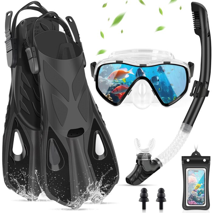 Набір для снорклінгу для дорослих, 7 предметів: маска, трубка, ласти, чохол для телефону, затички для вух, сумка. Чорний S/M