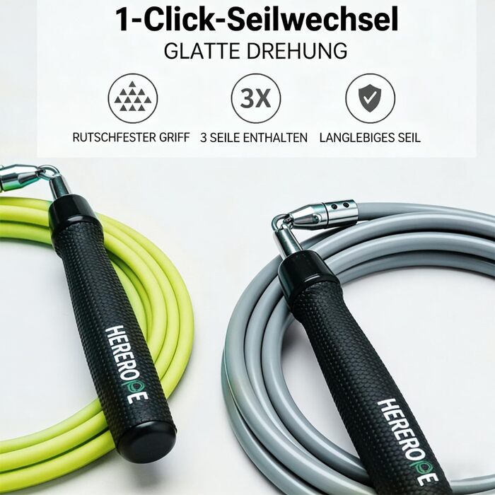 Скакалка з обтяжувачем Hererope 3-в-1 зі змінними вагами (1/6lb, 1/4lb, 1/2lb), регульована довжина, ергономічна шкіряна ручка, колір лайм