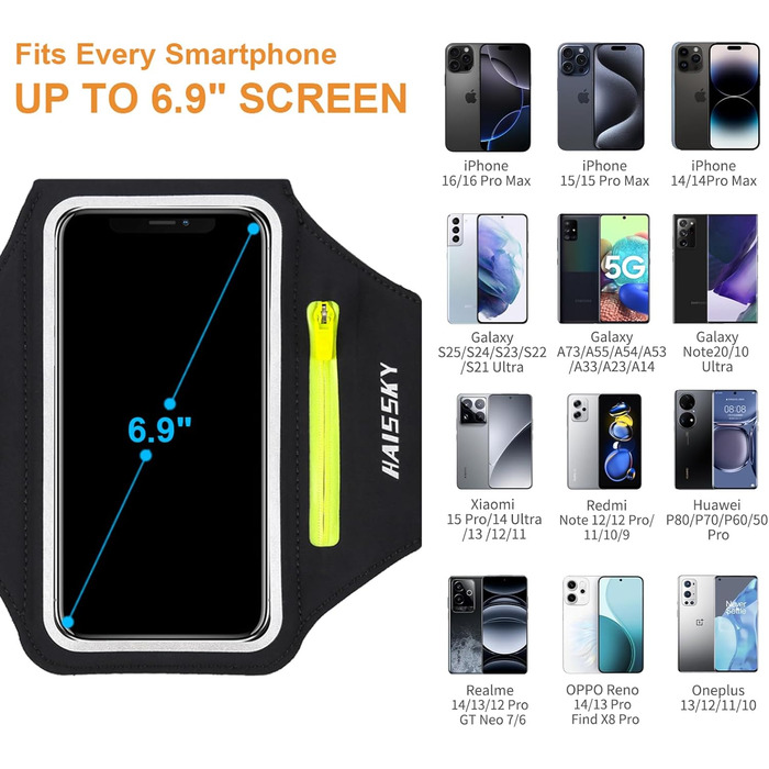 Спортивний браслет для телефону Haissky з кишенькою для навушників - сірий (до 6.9 дюймів)