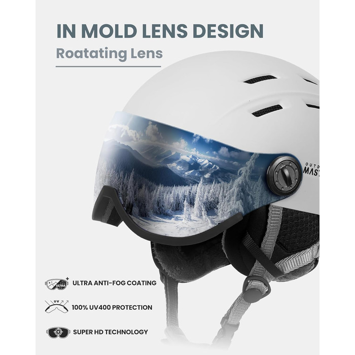 Шолом для сноуборду OutdoorMaster з маскою, захисний EPS-пінопласт, 14 вентиляційних отворів, для чоловіків, жінок та підлітків, матовий білий L