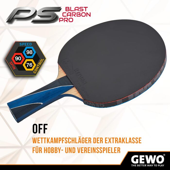 GEWO PS Blast Carbon Pro – професійна карбонова ракетка для настільного тенісу, ITTF сертифікована, з гумою GEWO Return Pro, висока швидкість і обертання, 2,0 мм губка, ручка конкавна