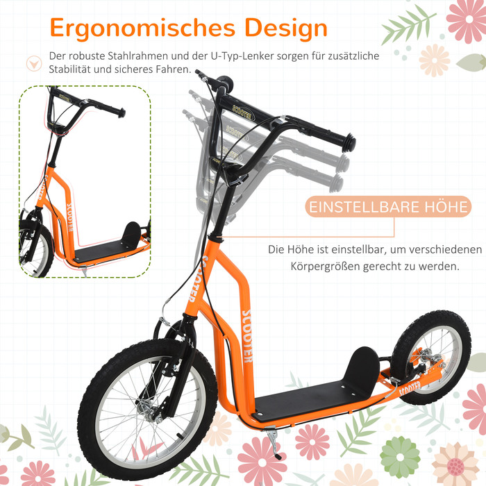 Дитячий самокат HOMCOM від 5 років Kick Scooter City Scooter з пневматичною шиною 16 дюймів Передній 12 дюймів Задній Помаранчевий 135x58x88-94 см