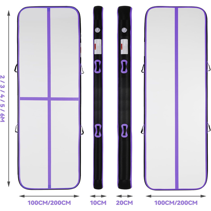 AirTrack Мат для гімнастики з електричним насосом, 10-600 см заввишки, 2-5 метрів завдовжки. Килимок для акробатики, йоги, кемпінгу, тренувань. Чорний, фіолетовий, 300x100x10 см