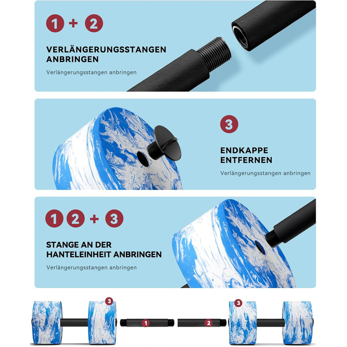 Набір аквагантелів HAPBEAR 3-в-1 з'єднувальною штангою (2 шт.) – для аквафітнесу, реабілітації та плавання, блакитний