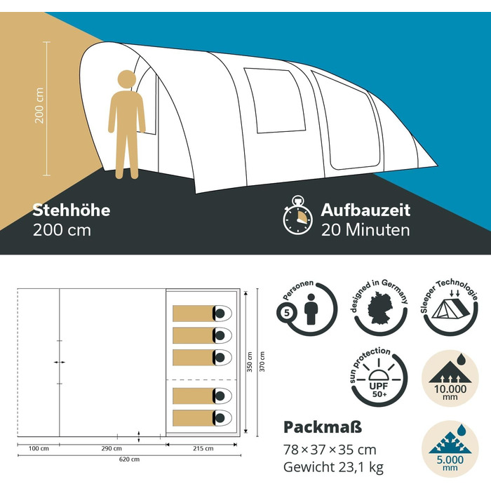 Намет Skandika Hafslo Sleeper Protect для кемпінгу 4/5/6 осіб, водонепроникний, з інтегрованим дном (5000 мм), з тамбуром, чорна спальня - сімейний намет XL
