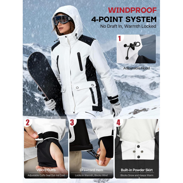 Водонепроникна зимова куртка FREE SODIER для жінок з флісовою підкладкою та капюшоном. Велика жіноча куртка з водонепроникним покриттям, зварні шви, Ginger Yeow (XXL, білий, чорний)