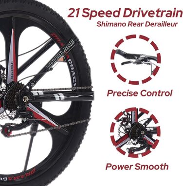 Складаний гірський велосипед MTB 24 дюйми, 21-швидкісна передача Shimano, двосторонній амортизатор, легка рама, спортивний велосипед для дорослих (Чорно-червоний)