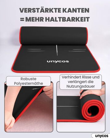 Килимок для йоги Unycos з неслизькою поверхнею | Висока щільність 6/10/15 мм, фітнес-килимок для гімнастики з ременем для перенесення【включено E-Book】Шкірно-дружній килимок для пілатесу, тренувань, спортзалу (#17 Чорний + Червоний, 183*66*1 см)