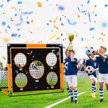 Дитячі воріта для футболу 2-в-1, 150х120 см, портативні та стабільні, з 5 зонами для забивання, 4 кілочки для кріплення та сумка для перенесення, для саду, парку, пляжу, оранжеві