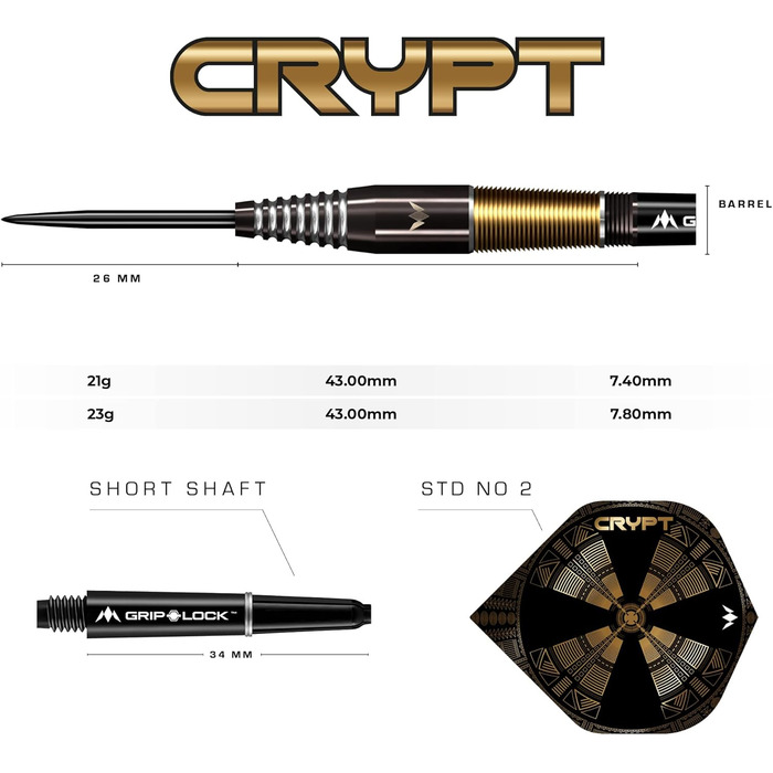 Набір дротиків Mission Darts Crypt 90% вольфрам, чорні та золоті, PVD-покриття, сталевий наконечник, різні стилі та ваги