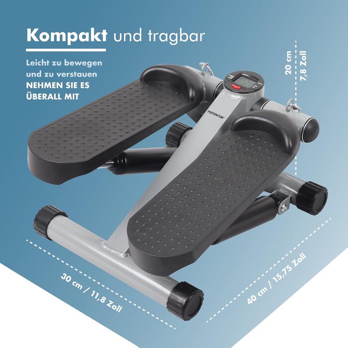 Міні степер PORTENTUM для дому з еластичними стрічками та LCD-дисплеєм - 5 функцій, Stairmaster 3-в-1 для ніг та рук, регульована інтенсивність, компактний фітнес-тренажер
