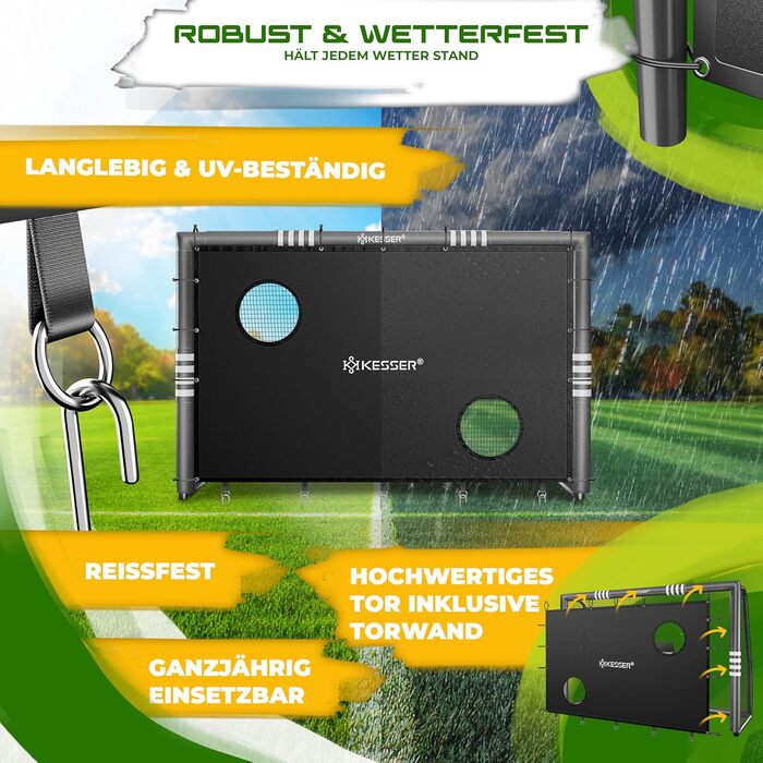 Ворота футбольні KESSER® для саду, міцні, для тренувань, з UV-стійким сіткою, сталевий каркас з оббивкою, фіксатори для землі, насос, конуси, аксесуари для монтажу (240см, з торговою панеллю, антрацит)