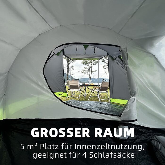 Намет Peirhw Tunnelzelt для 4 особи: сімейний намет-хатинка з 3 входами, водонепроникний (3000 мм), з кабіною для сну, знімний тент