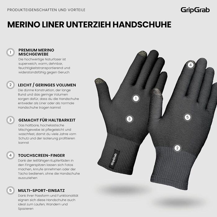 GripGrab Merino Liner: термо рукавички з мериносової вовни для велосипеда, катання, щоденного використання та походів, чорний, M/L