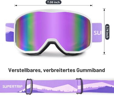 Сноубордична маска Supertrip для дорослих і підлітків, циліндрична, антифог, UV400, сумісна з окулярами, для шолома, біло-фіолетова