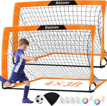 Дитячі футбольні ворота BELEEV для гри в саду та в приміщенні, 4x3/6x4 ft, з LED-підсвічуванням, портативні, складані, комплект з 2 шт., 120*90 см