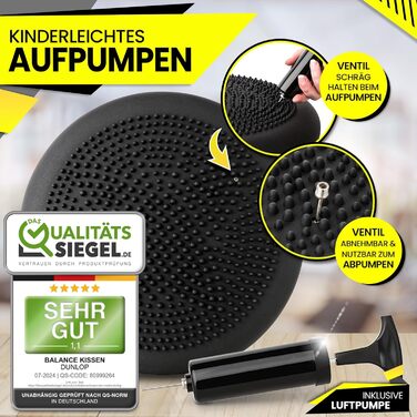 Балансувальна подушка Dunlop Sports для спини, ортопедична, з насосом, 35×7 см, до 450 кг, чорна, спеціальні масажні виступи