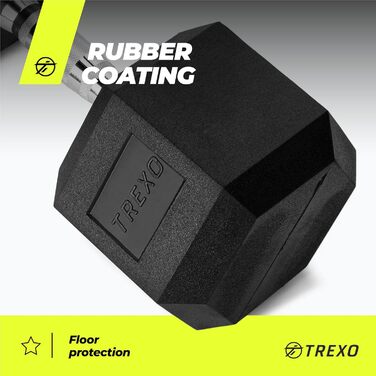 Гантеля TREXO Hex 32,5 кг, гексагональна, гумова, чавунна, для силових тренувань, ергономічна ручка