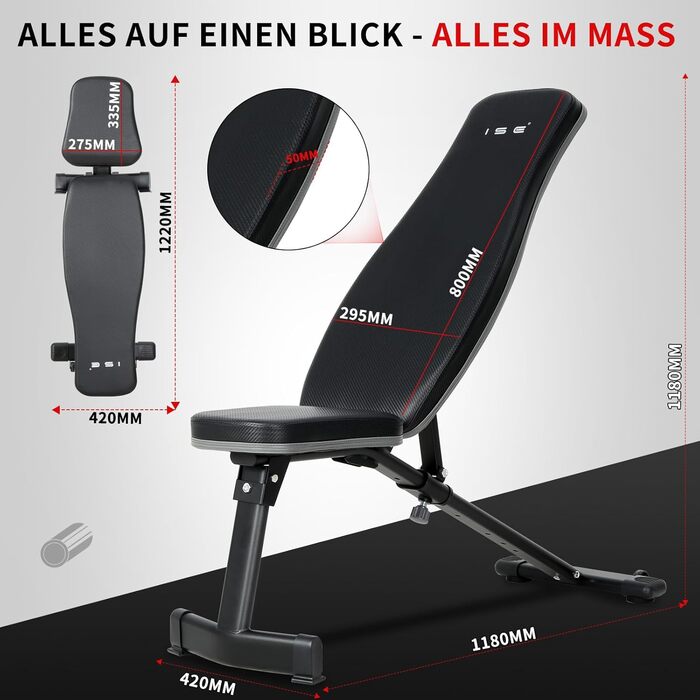 ISE Складна багатофункціональна лавка для тренувань SY-5021: регульована спинка, банк для пресу, фітнес-лавка для дому