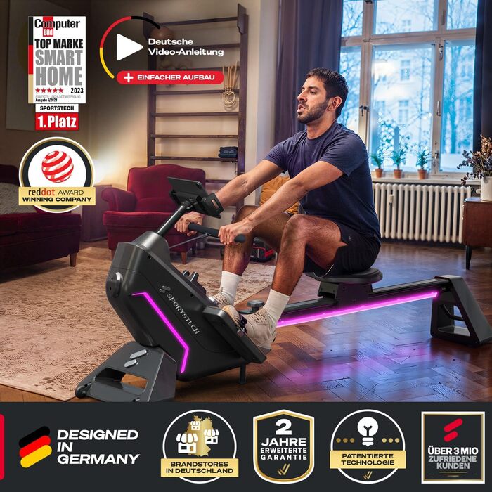 Рядок Sportstech sRow 10 дюймів/Lite: Преміум тренажер для дому, гребний тренажер з водяним опором, сенсорним дисплеєм та Smart Knob, фітнес-тренування з додатком