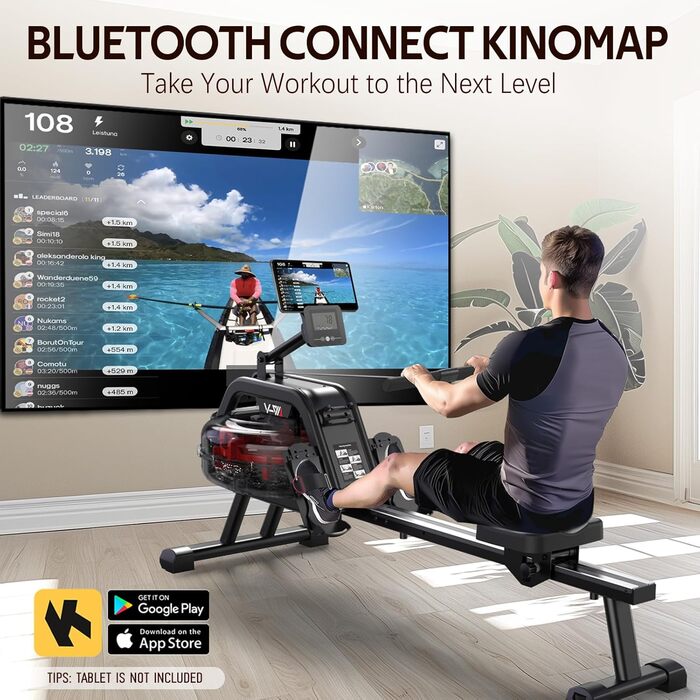 Гребний тренажер FYSIQ для дому з дерева, водний, 90° бак, Bluetooth дисплей, висока якість, для зросту до 200 см, 2 роки гарантії