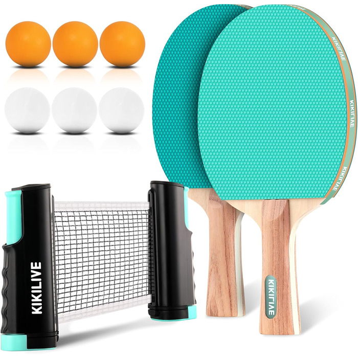 Набір для пінг-понгу для 2 гравців – 2 ракетки, сітка, 6 м'ячів – для гри в приміщенні та на вулиці, блакитний/зелений